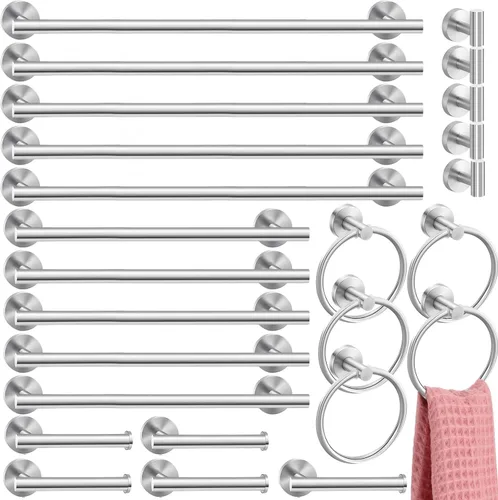 Miniatura 8 de Gisafai Juego de 15 accesorios de baño de níquel cepillado, toalleros plateados para baño, acero inoxidable SUS304 de 23.6 pulgadas, soporte