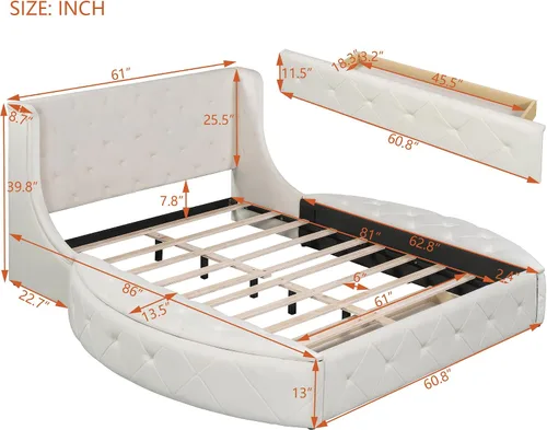 Miniatura 2 de Bellemave Cama de plataforma tapizada de terciopelo con almacenamiento, marco de cama tamaño Queen con cabecero, 1 cajón grande y 2 taburetes