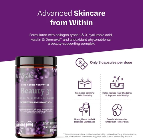 Miniatura 3 de ResVitále Beauty 3 - Suplemento para el cuidado de la piel con colágeno, queratina y elastina - 90 cápsulas