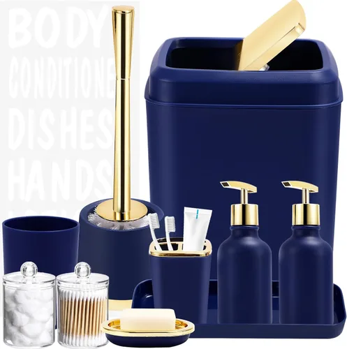 Miniatura 11 de XLHOMO Juego de accesorios de baño negro y dorado - 10 piezas de baño con papelera, dispensador de jabón, jabonera, soporte para cepillo de dientes