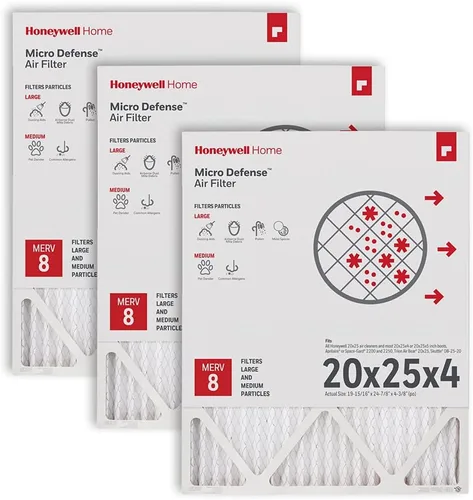Honeywell Home 20x25x4 MERV 8, filtro de aire para caldera/aire acondicionado, paquete de 3 (CF100A1025-3PKAM) (Dimensiones reales: 19.94 x 24.87 x