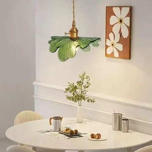 Miniatura 2 de Lámpara colgante colgante de 1 luz, lámparas colgantes de latón dorado, pantalla de vidrio de flores verdes, iluminación colgante moderna