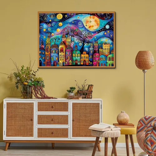 Miniatura 6 de Rompecabezas de casas coloridas para adultos de 1000 piezas, rompecabezas de paisaje nocturno de pueblo, rompecabezas abstracto de cielo estrellado
