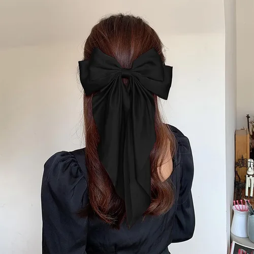 Miniatura 4 de TULOBI Lazos grandes negros para el cabello, 2 unidades, lazo de satén suave, clip para el cabello con clip de metal, accesorio para el cabello