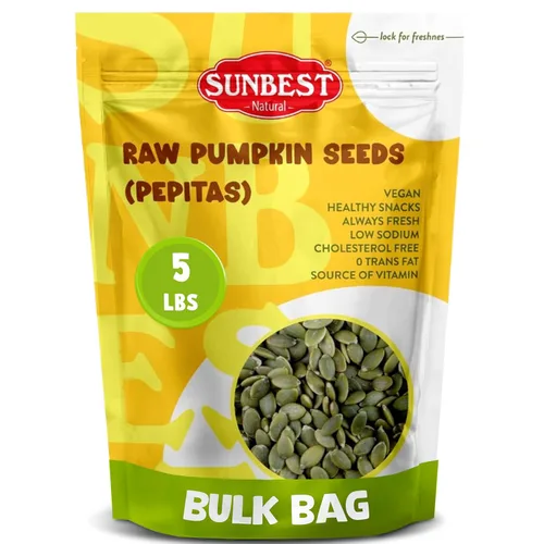 Sunbest Natural Semillas de calabaza crudas, 5 libras, sin sal y sin cáscara, bolsa a granel, pepitas enteras, semillas de calabaza para comer, para