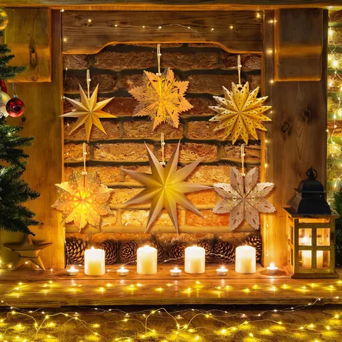 Miniatura 4 de Leinuosen Juego de 10 Faroles de Papel de Copo de Nieve de Navidad, Faroles de Estrella de Papel con 10 Luces LED, Lámpara de Estrella Colgante