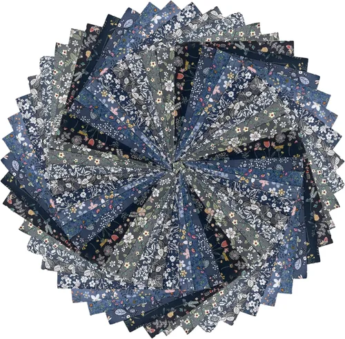 Miniatura 7 de 5" x 5" 50 PIEZAS 100% Algodón Paquetes de Tela Floral Cuadrada para Acolchado, Suministros para Costura DIY y Principiantes en Acolchado_Azul