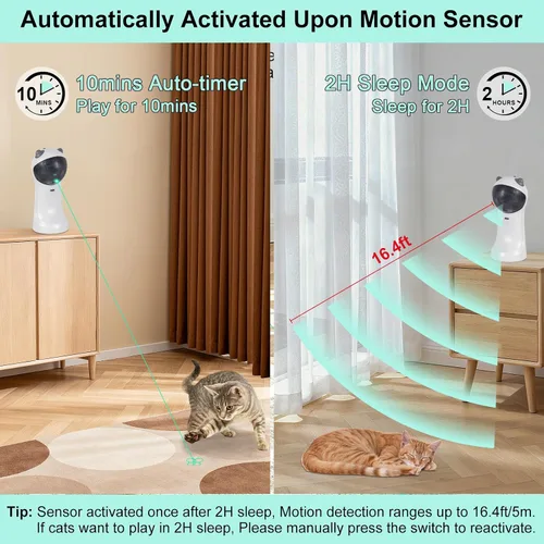 Miniatura 5 de TBTeek Juguete para gatos, luz verde, activado por movimiento automático, 5 patrones divertidos, 4 modos de velocidad, ángulos de luz ajustables