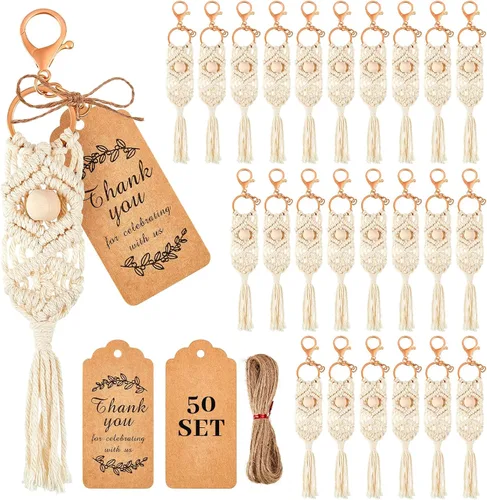 Huquary Juego de 50 llaveros bohemios de macramé a granel con borlas, mini llavero bohemio hecho a mano con etiquetas de agradecimiento de papel