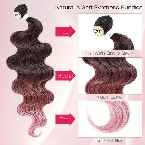 Miniatura 3 de HANNE Paquetes de cabello castaño mezclado con extensiones de cabello ondulado con cierre Sintético 18 "20" 22" con cierre de encaje, resistente