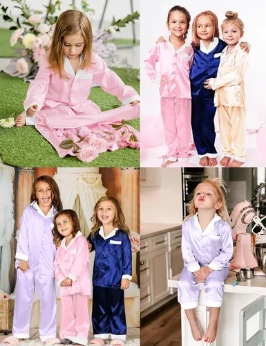 Miniatura 3 de SWOMOG Conjunto de pijama de satén para niños y niñas, ropa de dormir de manga larga con botones, conjunto de 2 piezas de ropa de descanso