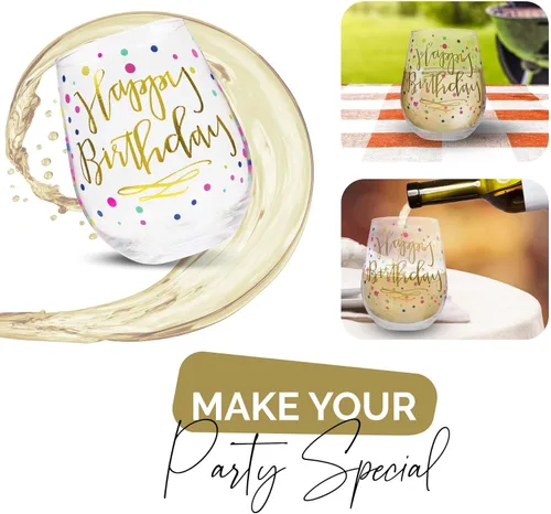 Miniatura 3 de Copa de vino de feliz cumpleaños para mujer, 22 onzas, sin tallo con estampado de confeti dorado, regalo para adultos, tazas de feliz cumpleaños