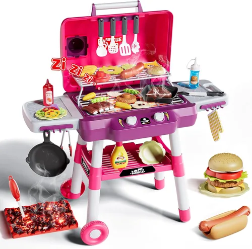 Miniatura 10 de Juguetes de cocina para niños, juego de parrilla BBQ para niños, juguete de barbacoa de 2 niveles con ruedas, sonido de humo y luz, juego