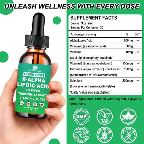 Miniatura 2 de Gotas líquidas de ácido alfa lipoico, suplemento ALA Ácido alfa lipoico 600 mg para antioxidantes, apoyo del metabolismo nervioso y energético