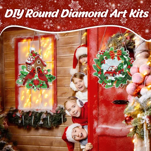 Miniatura 5 de Sintuff Juego de 3 carteles colgantes de pintura de diamantes de Navidad, diseño de pájaros gnomos, arte de diamante, arte de pared para bricolaje