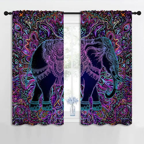 Miniatura 2 de Hermosas cortinas opacas con bolsillo para barra de mandala y elefante para dormitorio de niños y niñas, estilo tribal bohemio, hippie y bohemio