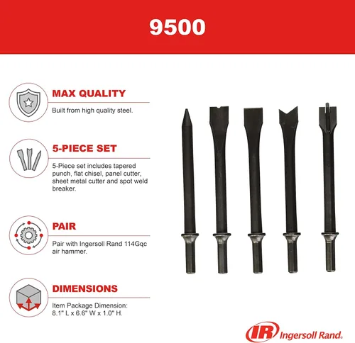 Miniatura 2 de Ingersoll Rand 9500 Kit de brocas de cincel para martillo neumático de la serie Edge 114GQC, juego de 5 piezas que incluye punzón cónico, cincel