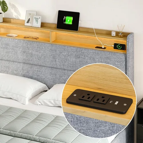 Miniatura 5 de Base de cama matrimonial con cabecera de almacenamiento con respaldo alado de 51.8 pulgadas, plataforma tapizada gris con estación de carga (tipo C)