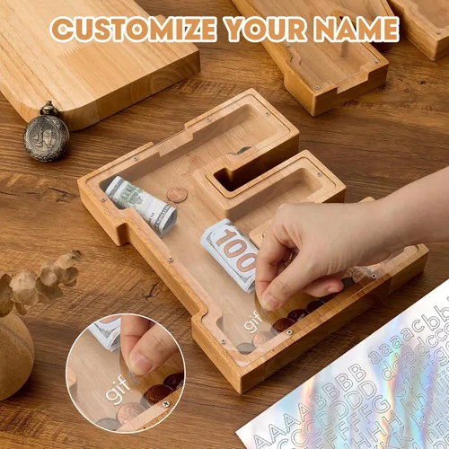 Miniatura 3 de Alcancía de madera con letras para niños, niñas y adultos, 10 pulgadas, grande, 26 letras, irrompible, caja de dinero, con calcomanía de bricolaje