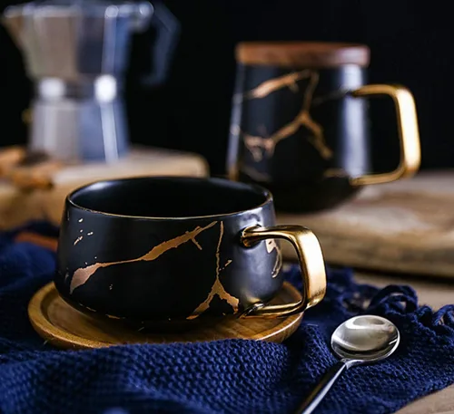 Miniatura 4 de Jusalpha Juego de taza de té de 10 oz con impresión de mano dorada y platillo/Juego de taza de café y platillo de bambú TCS19 (Negro)