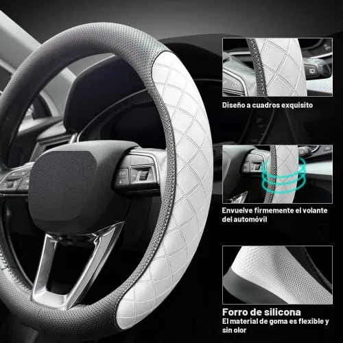 Miniatura 3 de LKWLIKEI - Funda para volante de piel Nappa, diseño elegante, patrón a cuadros, antideslizante, resistente al desgaste, mejora la comodidad de Negro