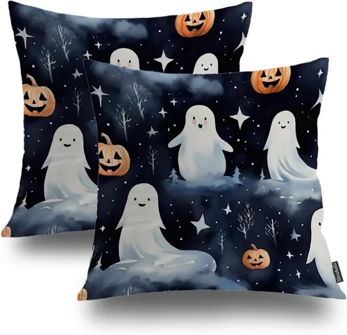 Miniatura 67 de Shrahala Funda de almohada decorativa de castillo oscuro de Halloween, casa con murciélagos de bruja, esqueleto, funda de almohada cuadrada mezclada