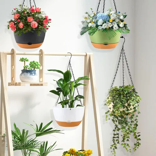 Miniatura 6 de KPUVX Maceta Colgante de 10 Pulgadas, Macetas de Riego Automático para Plantas de Interior, Paquete de 3 Cestas Colgantes de Plástico con Bandeja