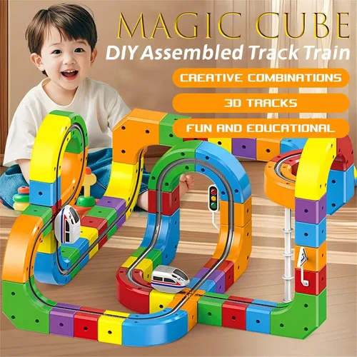 Miniatura 2 de Juego de tren eléctrico con riel de succión magnética, pista de carreras flexible mágica 3D, 123 piezas de bloques de pista de carreras