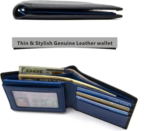 Miniatura 3 de ANDOILT Cartera de piel auténtica para hombre, con bloqueo RFID, plegable, elegante, con 2 ventanas de identificación, Negro&azul, Compacto