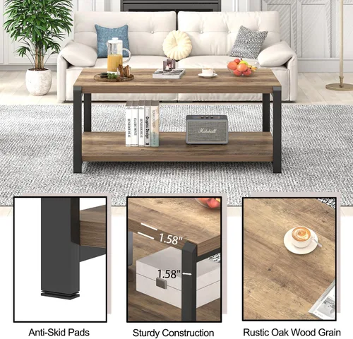 Miniatura 6 de EXCEFUR Mesa de Centro Moderna, Mesa Central de Madera Rústica y Metal para Sala de Estar, Mesa de Cóctel y Té Rectangular Industrial con Roble