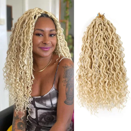 Miniatura 45 de Cabello de Crochet de 8 Pulgadas para Mujeres Negras, 7 Paquetes de Cabello de Crochet Goddess Locs con Puntas Rizadas, Locs Falsos Cortos con Bucle
