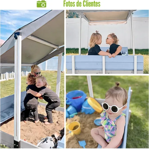 Miniatura 2 de Caja de arena de madera para niños con toldo, 2 asientos de banco plegables, forro retráctil de protección de arena para techo de 47 x 47 pulgadas