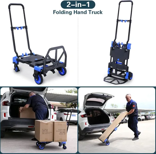 Miniatura 2 de Carro de mano 2 en 1 plegable, carrito de mano de capacidad de 330 libras, carrito de mano plegable con mango retráctil, carretilla de mano plegable