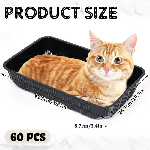 Miniatura 2 de Tessco for you Paquete de 60 cajas de arena desechables para gatos, bandejas de plástico reciclables para viajes de mascotas, 16.7 x 10.5 x 3.4 Negro