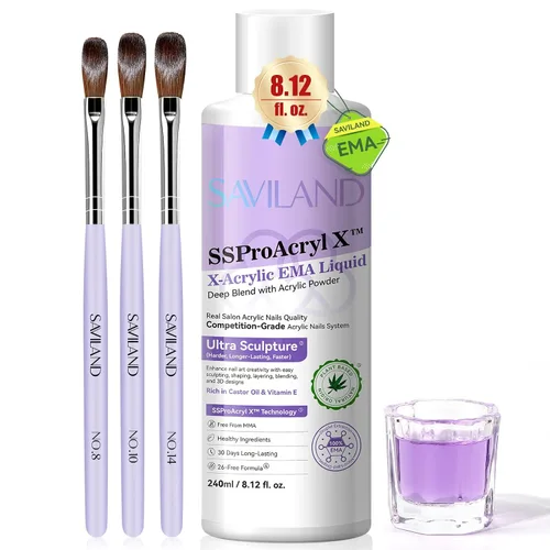 Miniatura 14 de Saviland Kit de iniciación de uñas acrílicas: polvo y líquido acrílico rosa claro nude, cepillo, limas, formularios, uñas a presión, juego