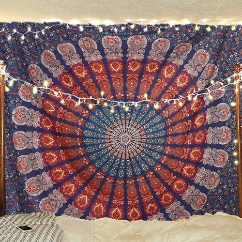 Miniatura 22 de Tapiz hippie indio bohemio psicodélico dorado azul pavo real mandala colgante en la pared (negro blanco, Queen (84 x 90 pulgadas) (84.6 x 90.6 in)