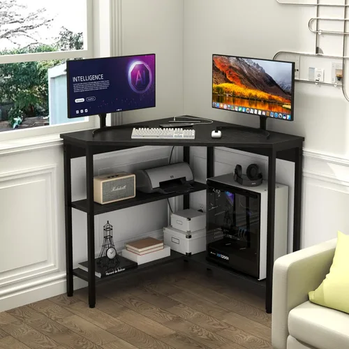 Miniatura 7 de Auromie Escritorio esquinero con tomas y puertos USB, mesa de esquina triangular de 90 grados con soporte para CPU y estantes de almacenamiento
