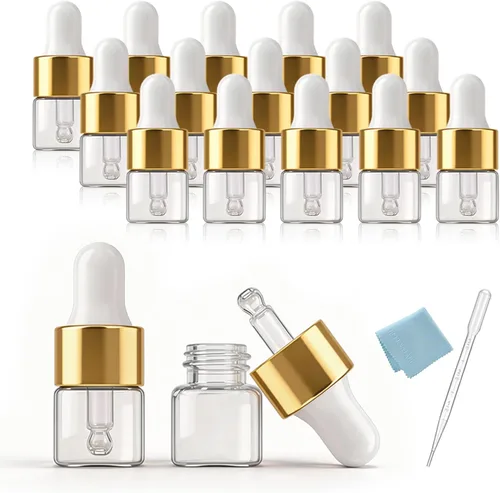 Elfenstall- Mini Empty 15pcs 1ml (1/4 Dram) Clear Glass Bottle with Glass Eye Dropper Vial Small for Essential Oil Sample