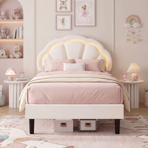 Miniatura 6 de HIFIT Marco de cama LED inteligente tapizado individual con cabecera ajustable de pétalos elegantes, marcos de cama de plataforma tamaño individual