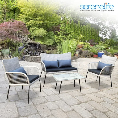 Miniatura 7 de SereneLife Muebles de ratán para exteriores, incluye 1 doble y 2 sillas individuales con cojín y 1 mesa de centro con tapa de cristal, juego