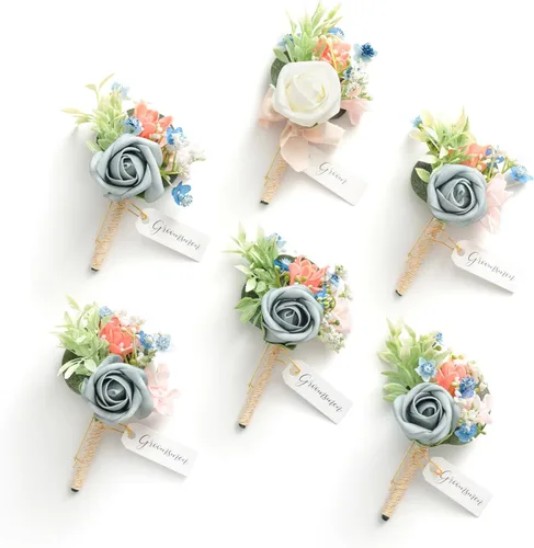 Miniatura 29 de Ling's Moment Boutonniere para Hombres Boda, Juego de 6, Novio y Padrinos Boutonniere para Boda Regreso a Casa Halloween Ceremonia Aniversario, Cena
