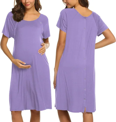 Ekouaer - Camisón con botones y manga corta para mujer, vestido para lactancia, parto, hospital y maternidad, tallas S-XXL