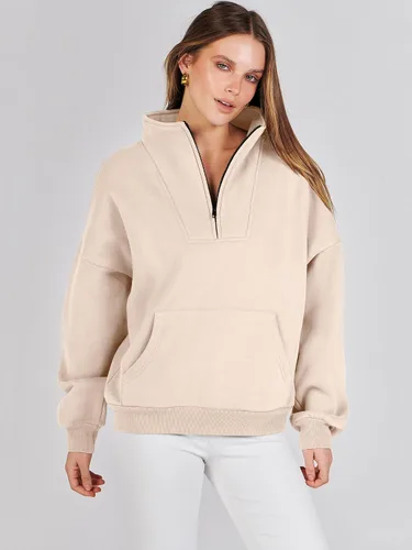 Miniatura 8 de ANRABESS Sudaderas con media cremallera para mujer, sudaderas cortas de gran tamaño, con cremallera de un cuarto, suéter de forro polar, suéter