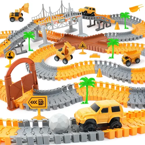 FUNBUD Juguete de pista de carreras de construcción para niños, regalos de cumpleaños para niños de 3, 4, 5, 6, 7, juego de ingeniería con más de