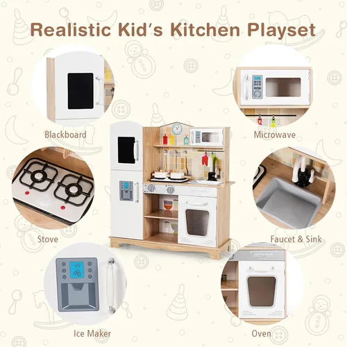 Miniatura 8 de HONEY JOY Juego de cocina para niños, cocina de madera para niños pequeños, microondas, grifo, estufa con luces, pizarra, armario de almacenamiento