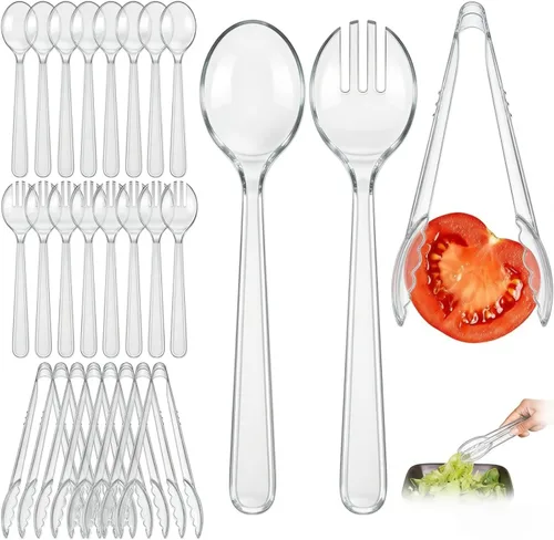 Miniatura 9 de Juego de 24 utensilios de plástico beige para servir, cucharas, tenedores y pinzas desechables resistentes (8 de cada uno), suministros de catering