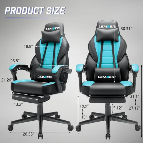 Miniatura 3 de LEMBERI Sillas de juegos para adultos, sillas ergonómicas de videojuegos con reposapiés, silla de juegos grande y alta, capacidad de peso de 400