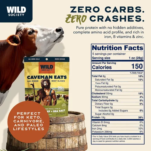 Miniatura 2 de WILD SOCIETY - Caveman Eats - Lonjas de Ribeye Alimentadas con Pasto - 95g de Proteína - Solo Ternera y Sal - 2 Ingredientes - Carne Seca de Res