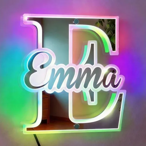 Miniatura 11 de VEELU Espejo con nombre personalizado iluminado para decoración de pared LED para habitación de niñas, letrero de neón con nombre personalizado, luz
