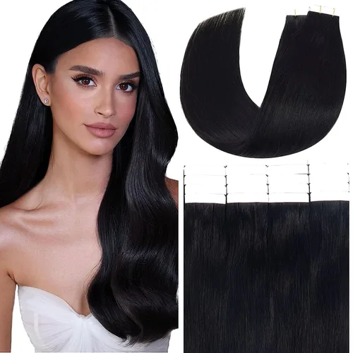 Anrosa Extensiones de cabello humano con cinta adhesiva de 14 pulgadas, extensiones de cabello humano brasileño con cinta adhesiva, color negro